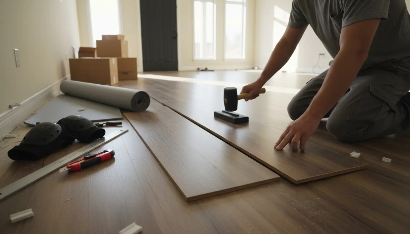 Hænder lægger vinylplanker i et lyst, stort rum med værktøj og materialer lagt klar.