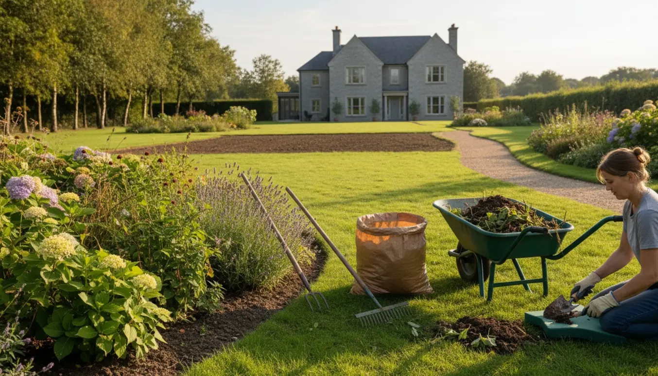 Havearbejde med hænder, værktøj og en trillebør foran et hus og en lille skov i baggrunden.
