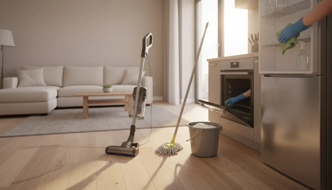 Rengøringsscene i en lys lejlighed med hands-on rengøring af køleskab og gulv.
