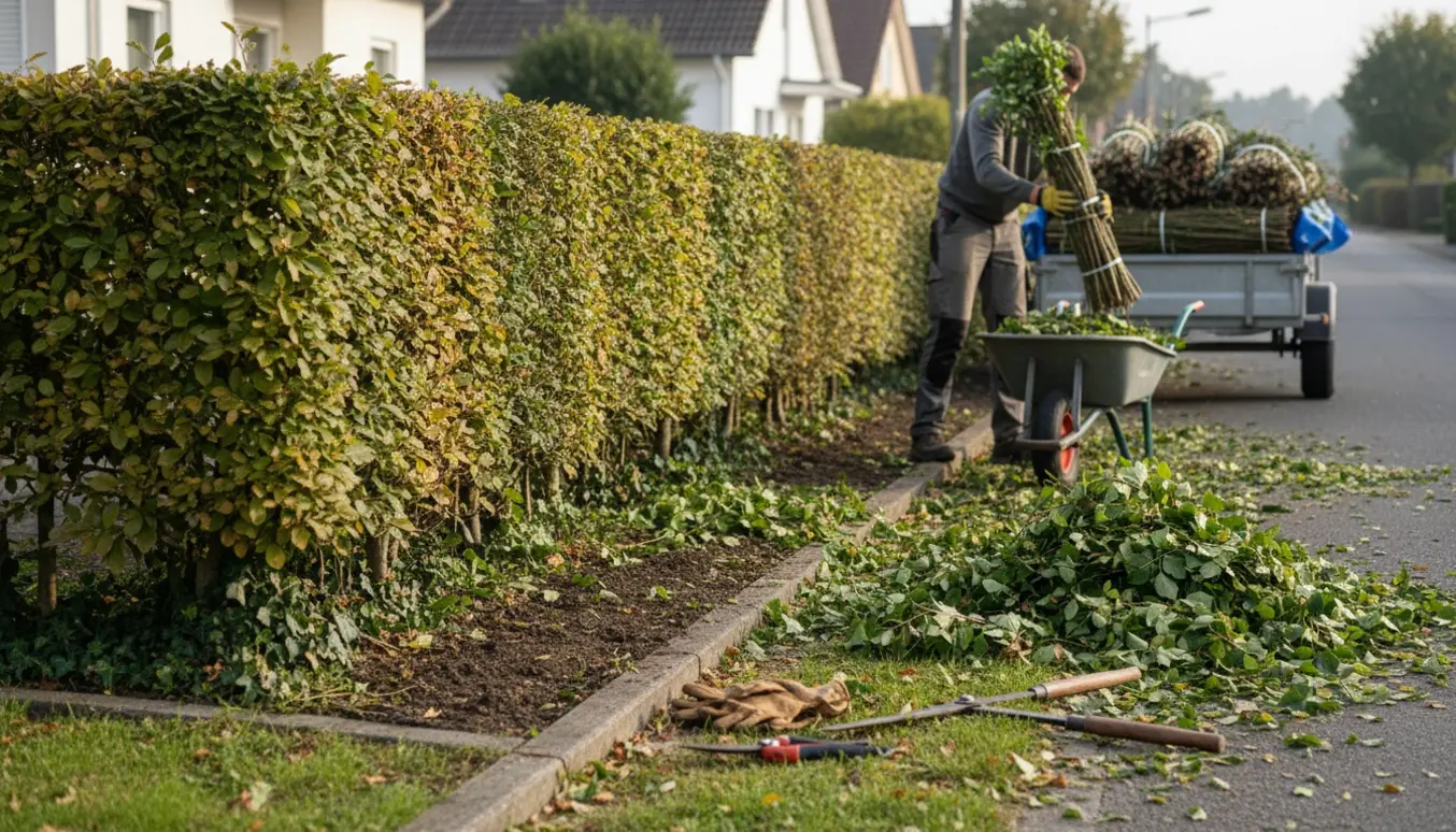 Nypudset lang bøgehæk langs vejen med opsamlet haveaffald i trillebør og redskaber.