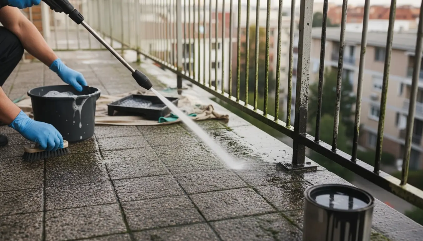 Hænder uden synligt ansigt højtryksrenser altanfliser, fjerner alger og maler håndlisten.