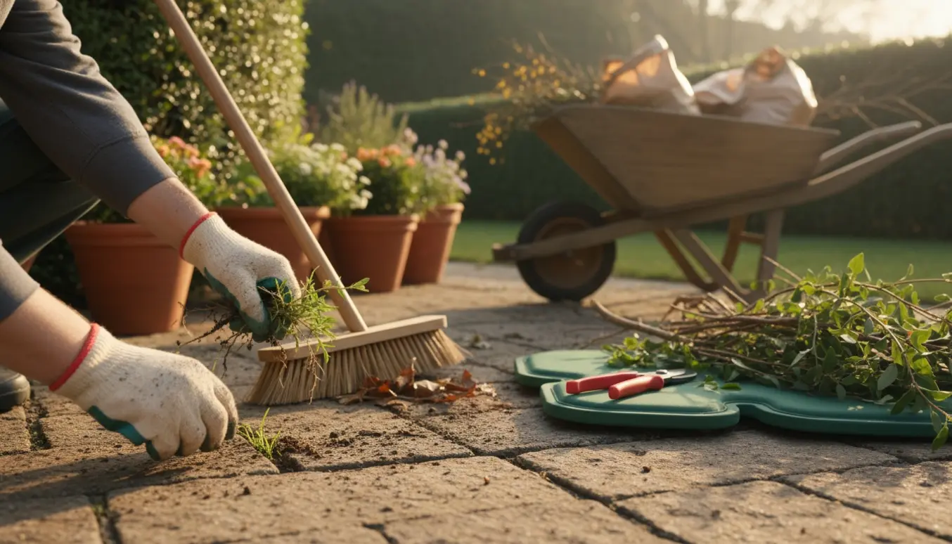 Hænder i arbejdshandsker fjerner ukrudt mellem fliser, med kost, beskærersaks og en trillebør med haveaffald i baggrunden.