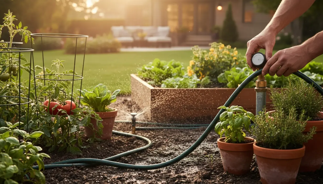 Programmeret havedrypvanding og sprinkler i morgensol med slange og tidsur.