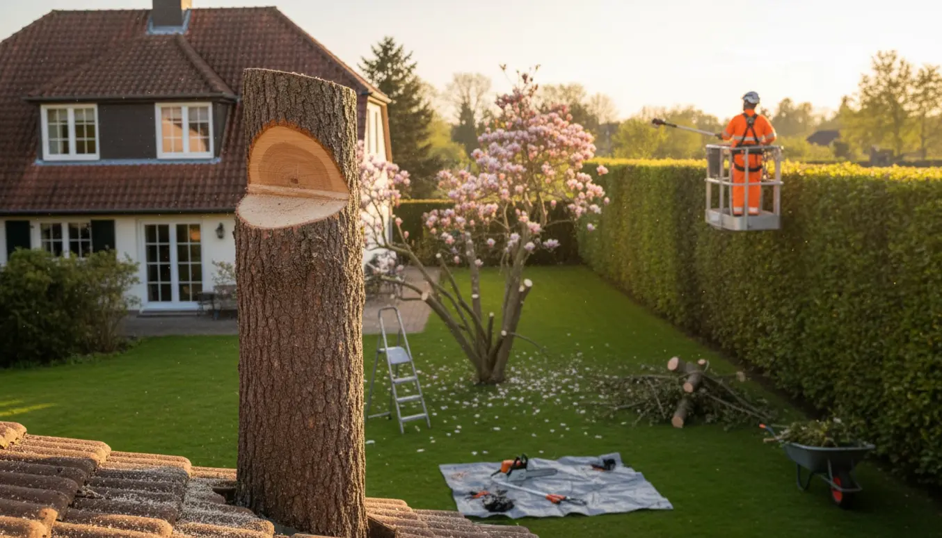 Topkapning af lærk tæt ved hus, beskæring af magnolia og nyklippet høj bøgebusk i en have.