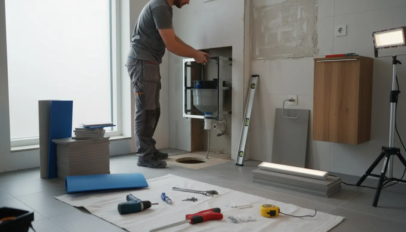VVS-montør monterer et væghængt toilet i et lille badeværelse med værktøj og fiboplader på væggen.