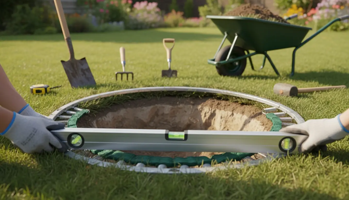 Nært foto af en nedgravet trampolin, hvor et vaterpas og haveredskaber bruges til at justere kanten, så den flugter med græsplænen.