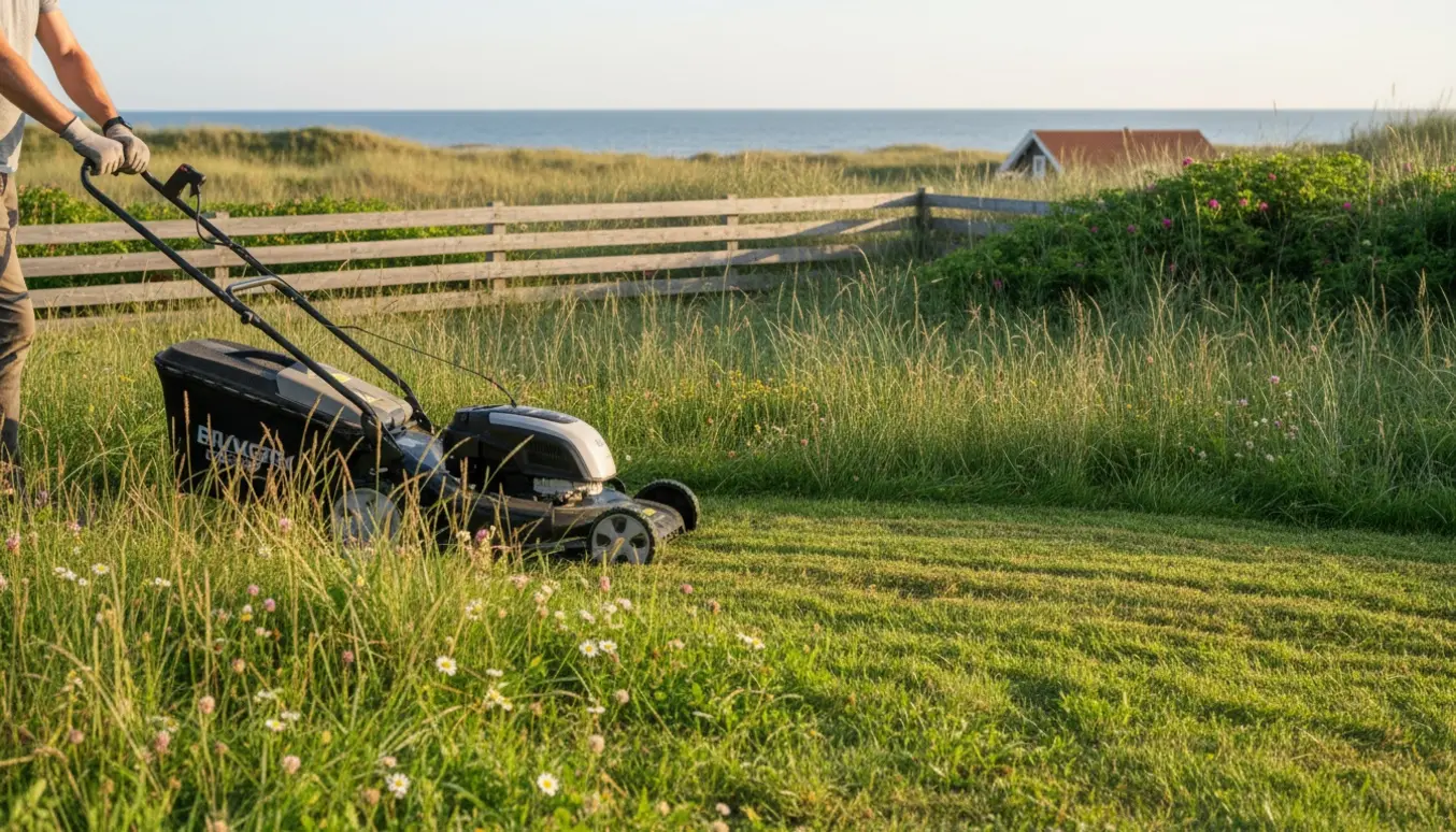 En plæneklipper skærer en tydelig stribe gennem langt, uplejet græs ved Lendrup Strand.