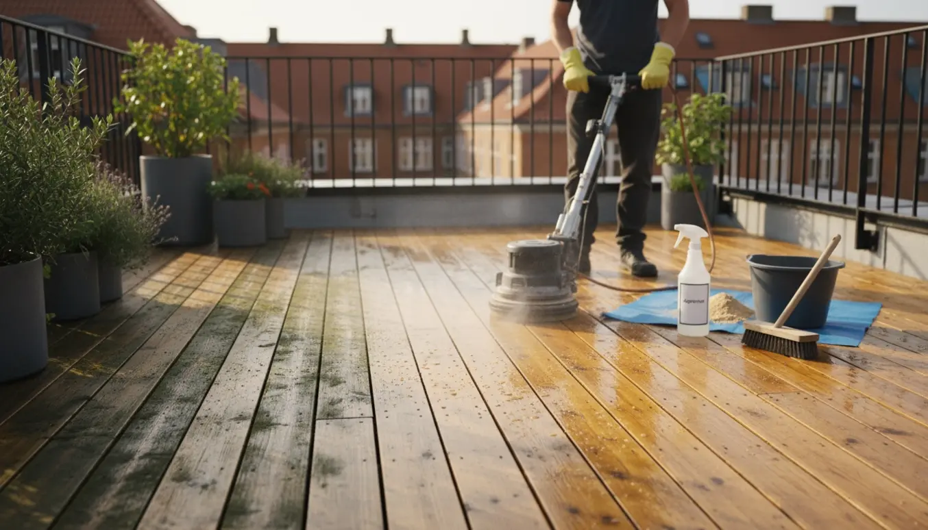 Rensning af en 20 m2 tagterrasse på Østerbro med surface cleaner, sliber og algefjerner.