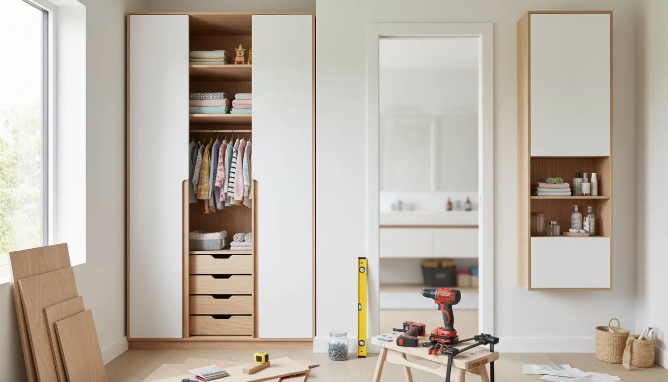 Gulv-til-loft børneskab med hylder og bøjlestang, og et lukket badeværelsesskab set gennem en åben dør.