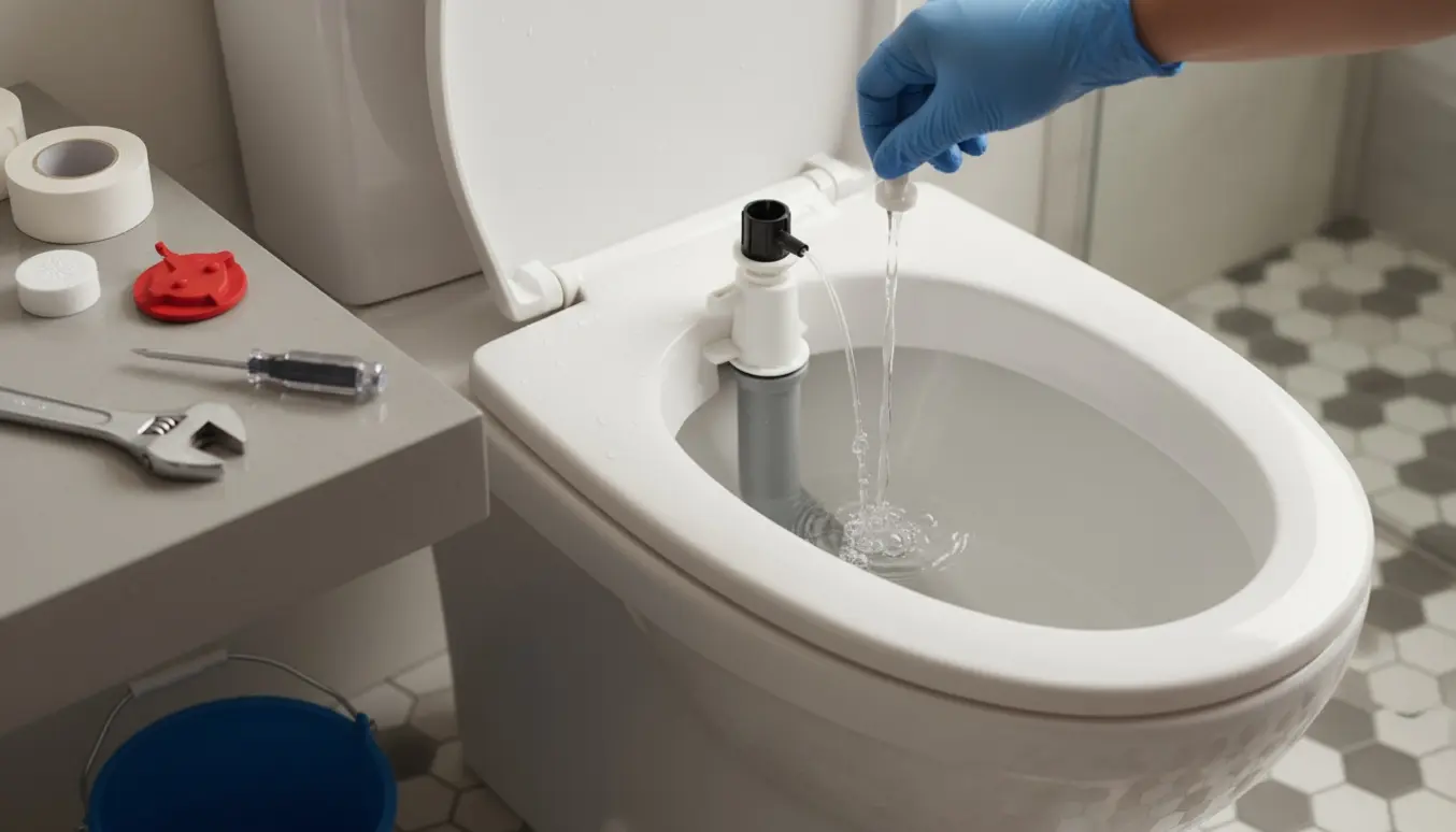 Åbent toilettank med en hånd, der justerer fyldventilen, mens vand løber i overløbsrøret.