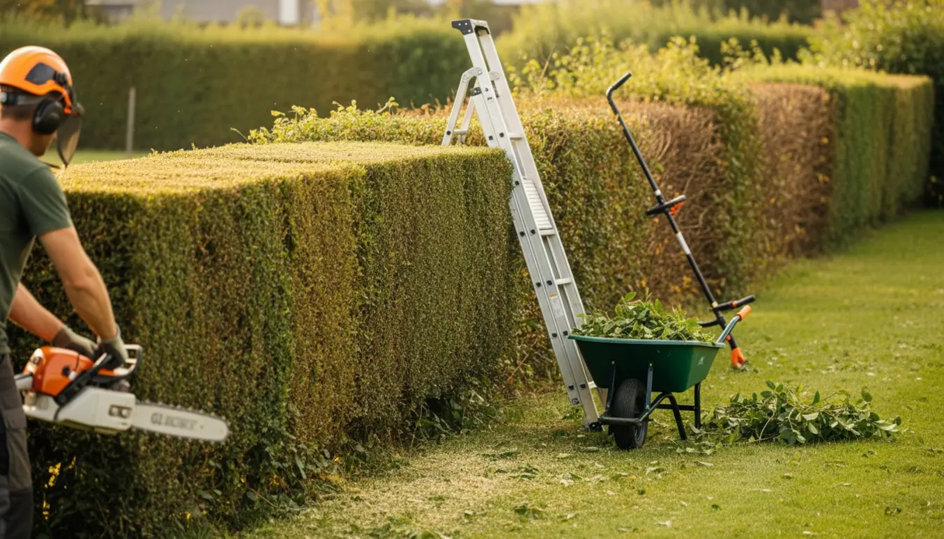 En person trimmer en lang hæk med motorsav, med friske afklip på græsset.
