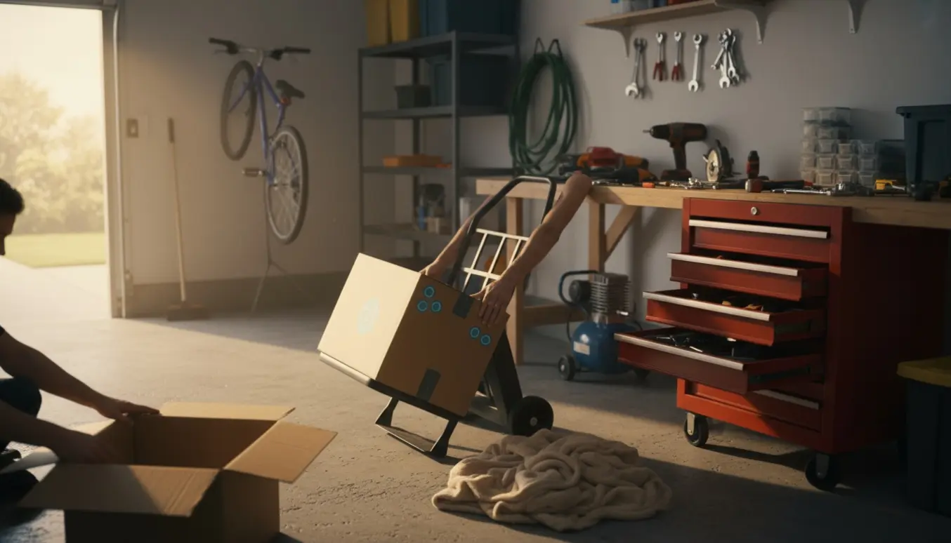 Åben garage med kasser, værktøj og en kompressor klar til oprydning.