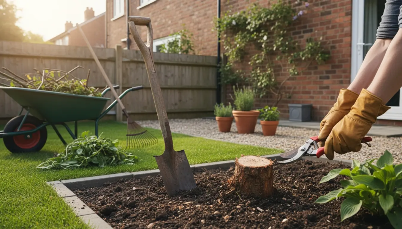 Lille radhave ryddet op med beskåret rosenbusk, haveredskaber og nyklippet græs.