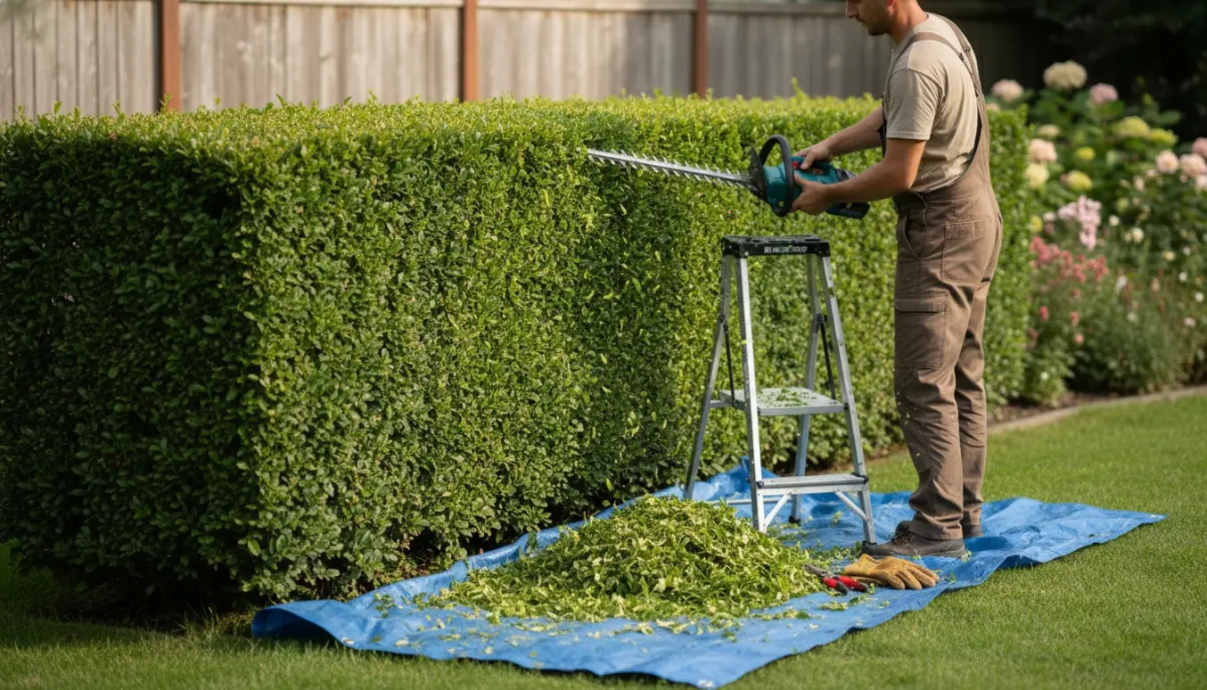 En person beskærer hækkens side og top med en hækkeklipper, ansigtet er ikke synligt.