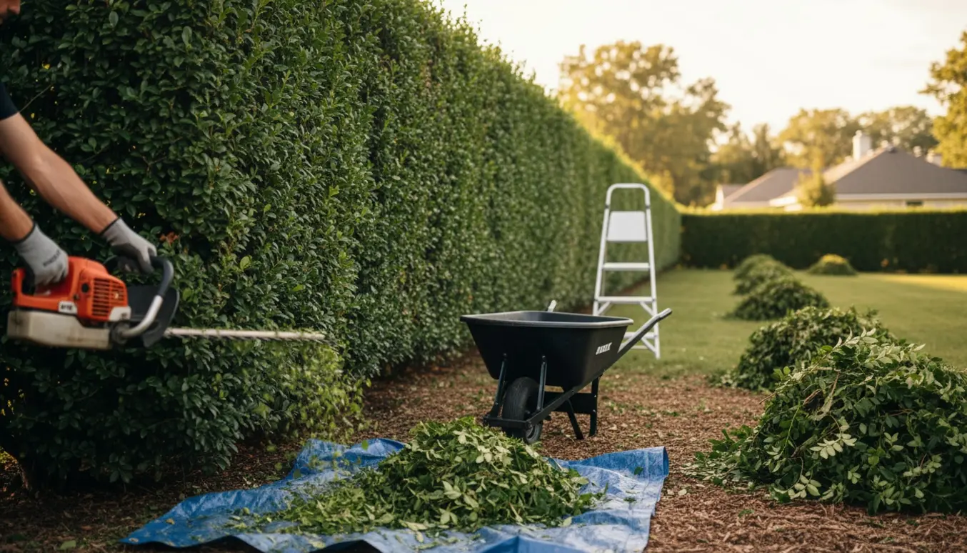 Lang, veltrimmet hæk række med hækkeklipper, bunker af afklip og en trillebør i varmt naturligt lys.