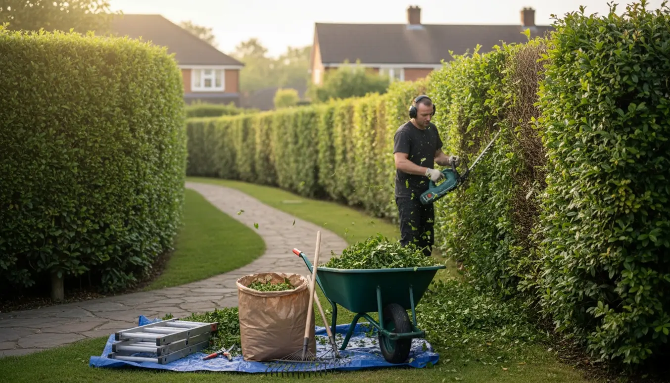 Lang ligusterhæk bliver klippet, med trillebør og poser fyldt med hækaffald ved siden af.