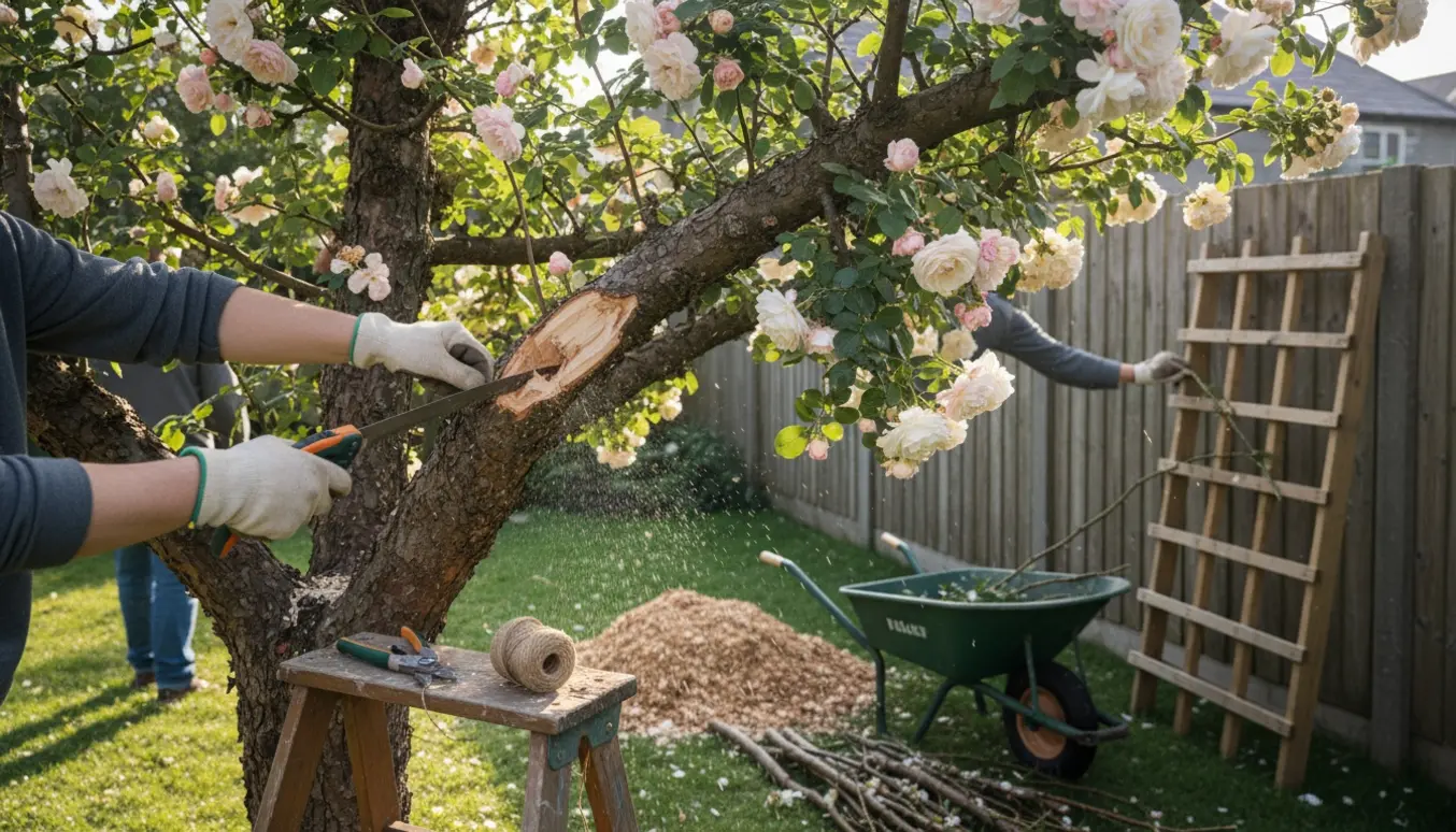 Nærbillede af beskæring af et æbletræ med roser om stammen, hvor en beskadiget gren saves væk og roser bindes til et espalier.