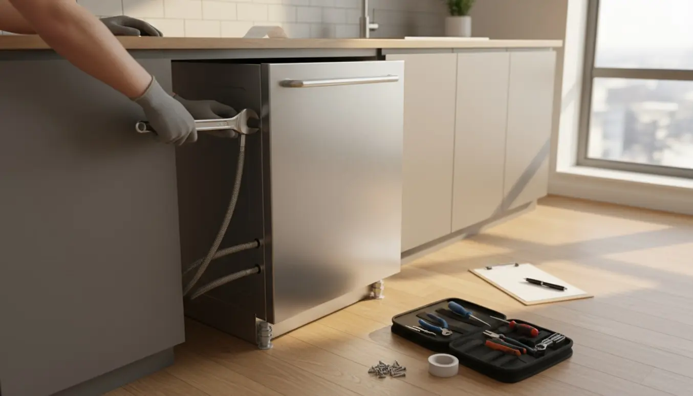 Hænder tilslutter slanger og værktøj ved en ny opvaskemaskine i et lyst, moderne køkken.