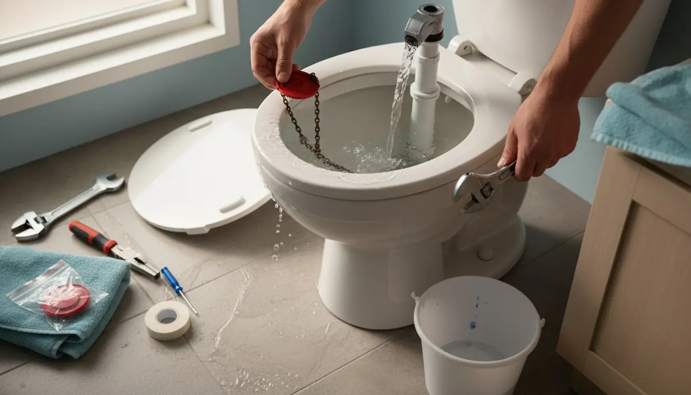 Åbent toilettank med rindende vand og værktøj klar til reparation.
