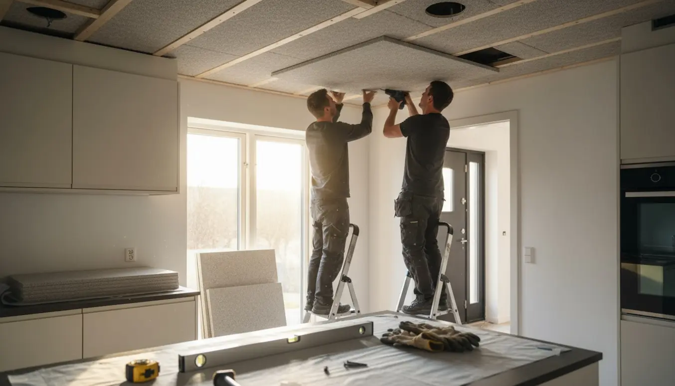 Montører monterer træbetonloft i et vinkelkøkken med stakke af plader og værktøj synligt.