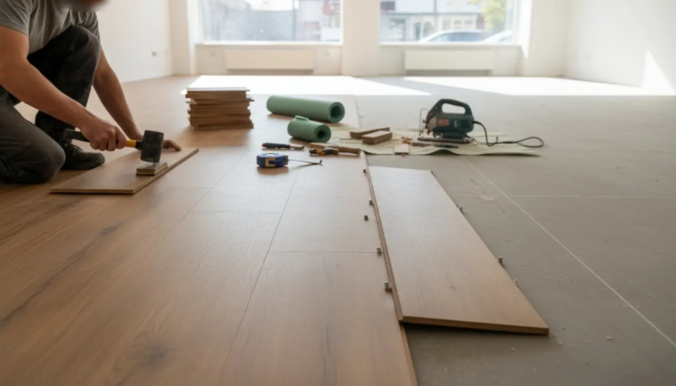 Nærbillede af lægning af nyt trægulv i et lyst butikslokale.