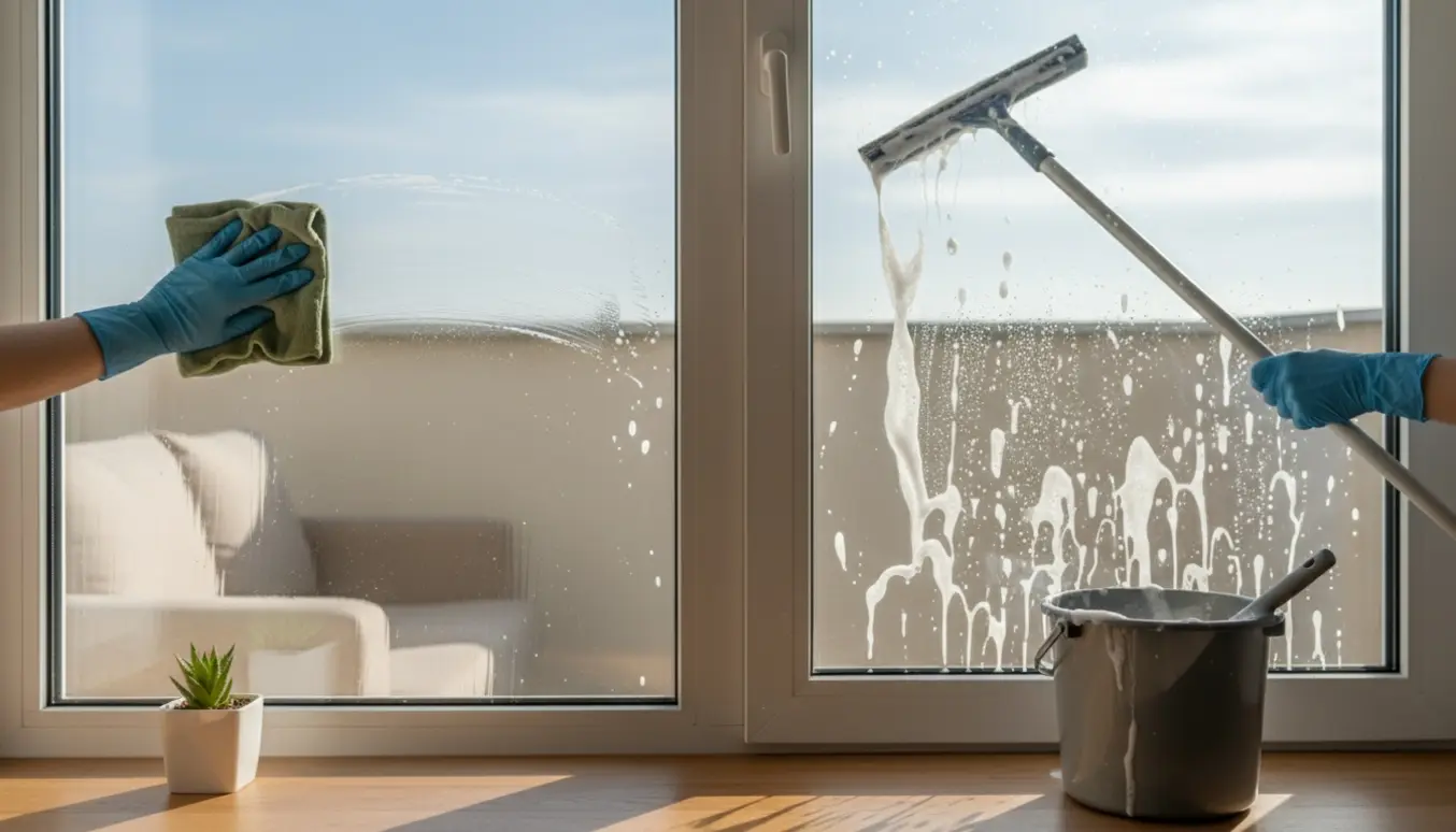 En handske-klædt person pudser et lejlighedsvindue fra både inderside og yderside med skinner og mikrofiberklud.