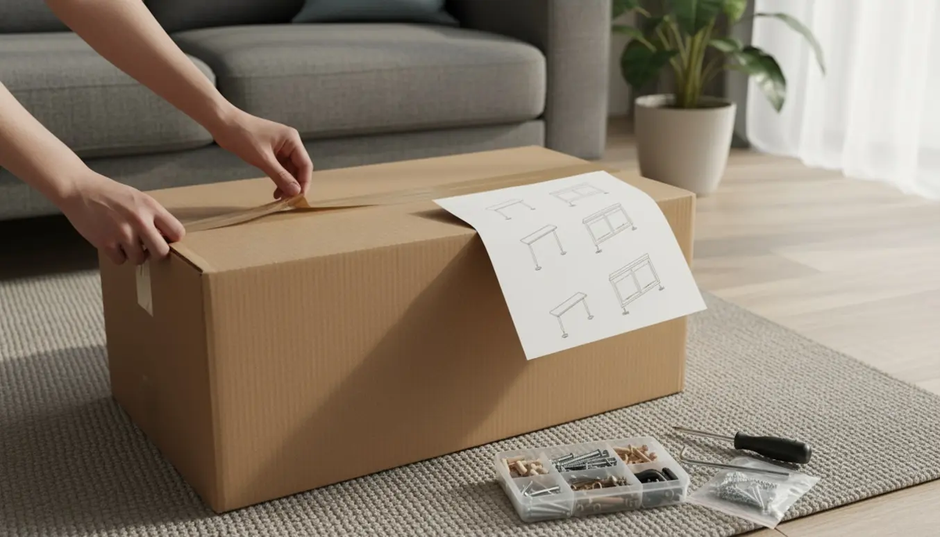 Uåbnet flatpack-skab på gulvet med brugsanvisning og værktøj klar til montering.
