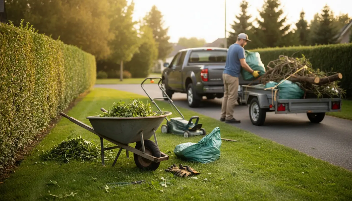 Hækklipning og græsslåning med haveaffald læsset i en trailer på indkørslen.