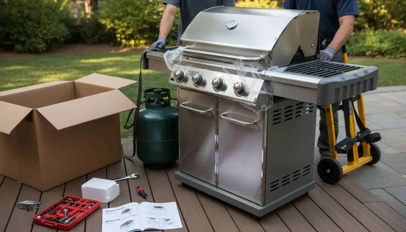 En nyligt samlet tung gasgrill på terrassen med emballage og værktøj, klar til flytning.