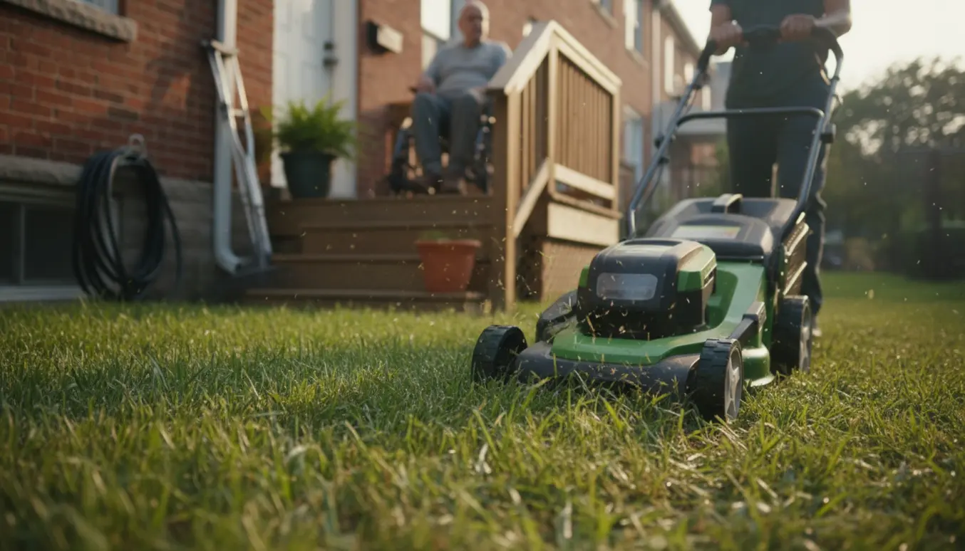 En hjælper klipper højt græs foran et rækkehus med en plæneklipper, mens ejeren sidder på trappen med krykker i baggrunden.