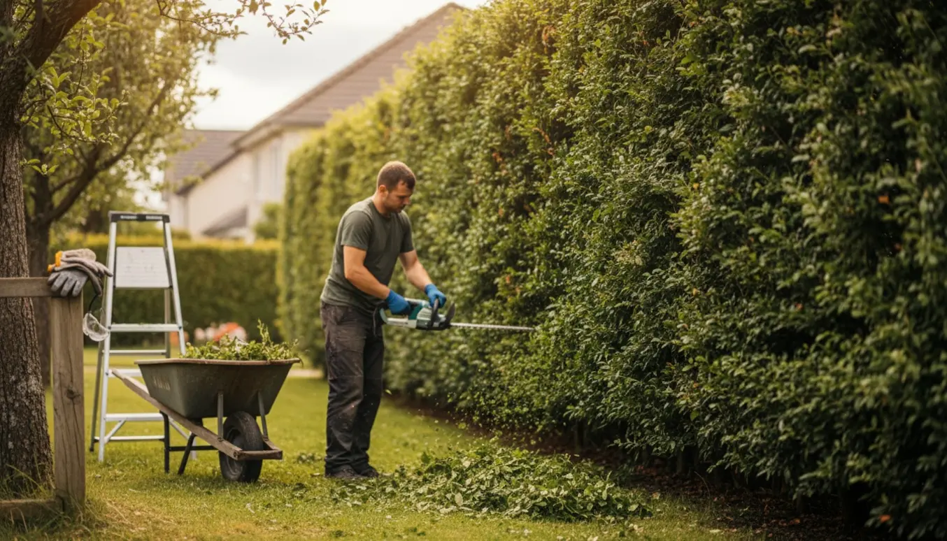 En lang hæk mellem haver klippes med hækkeklipper, med bunker af afklip og en trillebør i forgrunden.