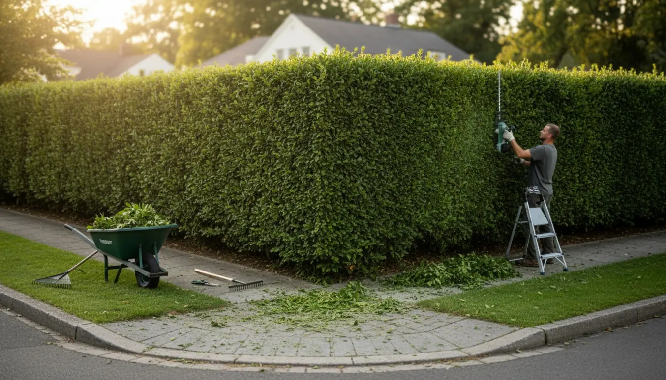 En lang hjørnehæk bliver professionelt klippet med afklip samlet i en trillebør.