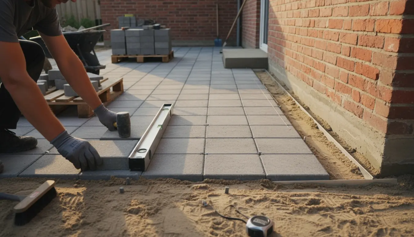 Nye 30x30 cm belægningssten lægges ved en mur med 10 cm fri zone og færdigt trappetrin.