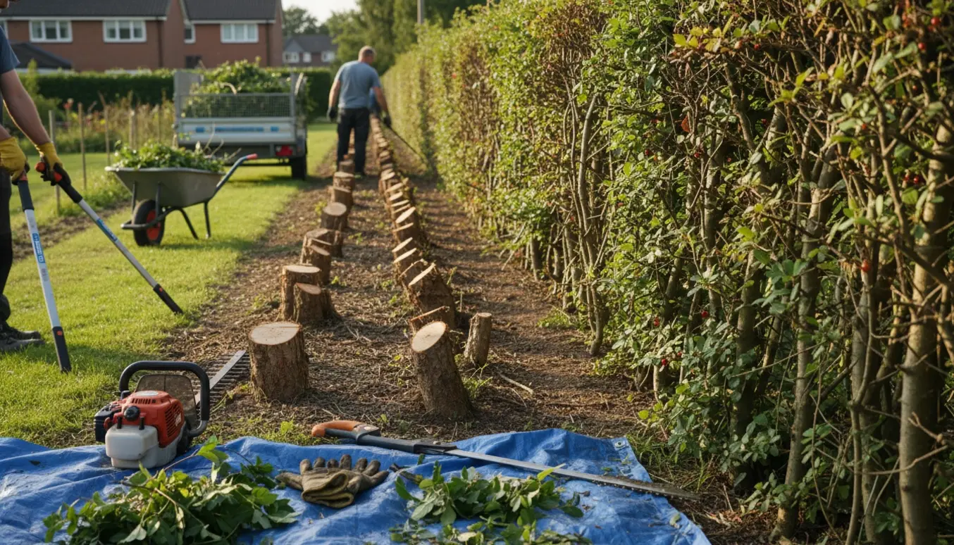 Nedskåret tjørnehæk langs en have med bunker af kviste og trailer til bortkørsel.