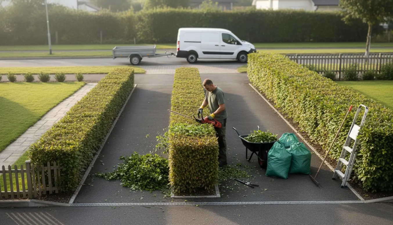En havearbejder trimmer skulderhøje hække med bunker af afklip og en trillebør klar til bortkørsel.