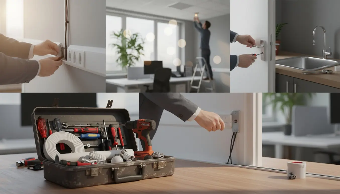 En vicevært ordner ledninger, skruer en dør, skifter pærer og håndterer en dryppende vandhane i et lyst kontor.