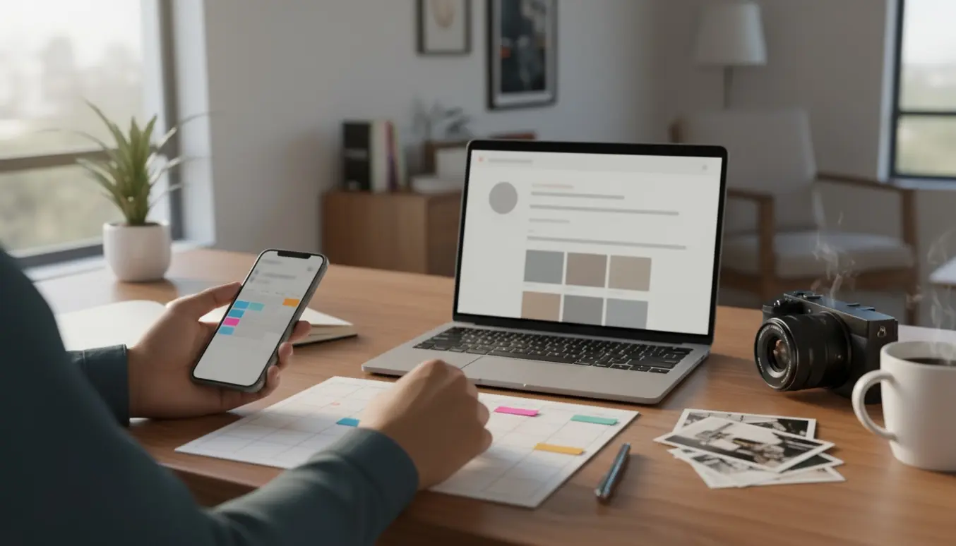 Hænder ved et hjemmekontor med laptop og smartphone, der opretter og planlægger indhold til sociale medier.