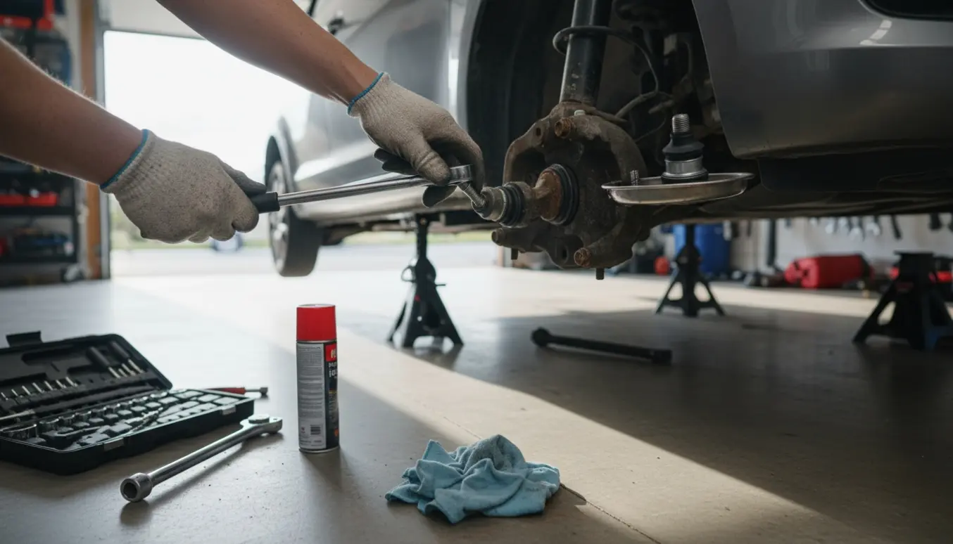 Frontaffjedring med hjul fjernet, hvor styrekugler udskiftes i en garage.