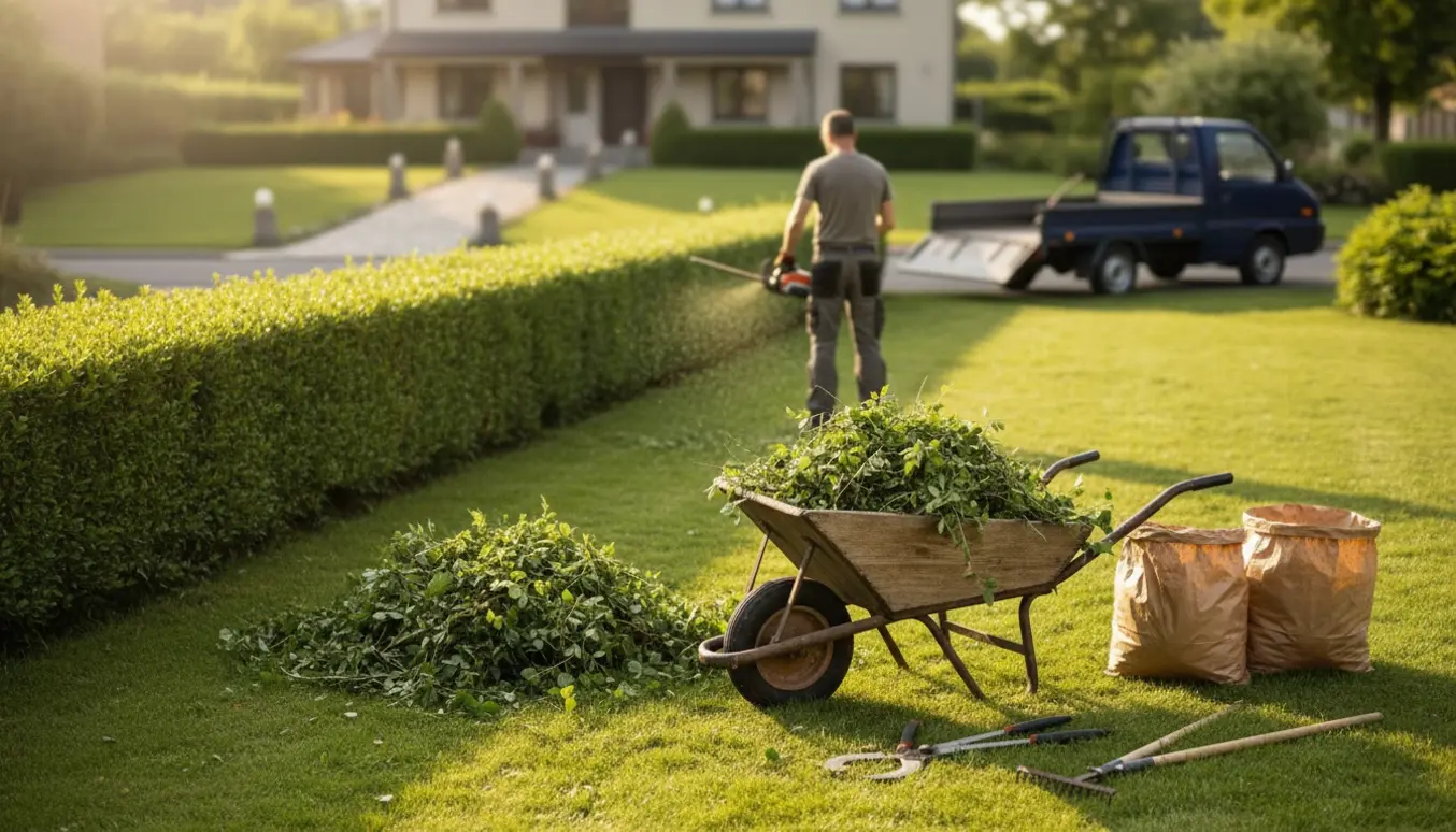 Lang nyklippet hæk med trillebør fyldt med haveaffald og en havemand set bagfra klar til bortkørsel.