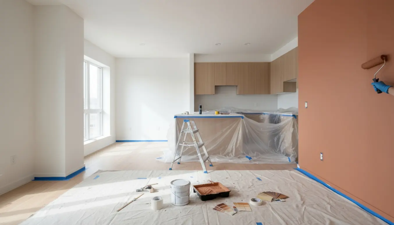 Nymalet to-værelses lejlighed med køkken-alrum, hvide vægge og to vægge i terracotta, malerværktøj og afdækning.