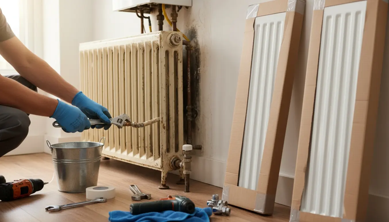 Hænder på en VVS'er afmonterer en bred radiator i et lyst rum med nye tynde radiatorer og værktøj i baggrunden.