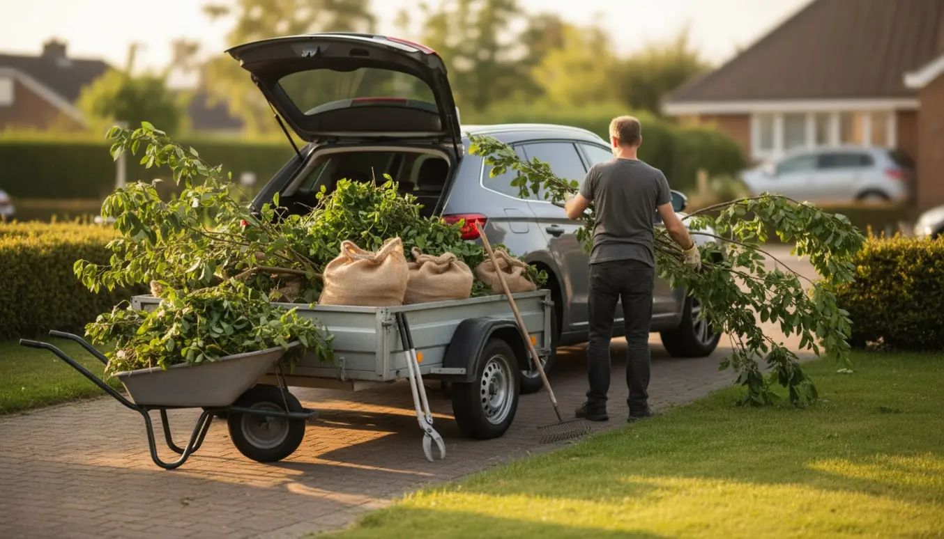 Trailer og rummelig bil fyldt med nyklippede hækafklip og grene på indkørslen, mens en person med ryggen til læsser affaldet.