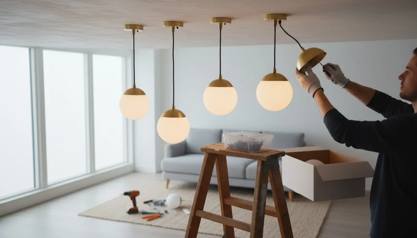 Hænder monterer en Philips Hue Infuse-pendel i loftet over en moderne stue med stige og værktøj.