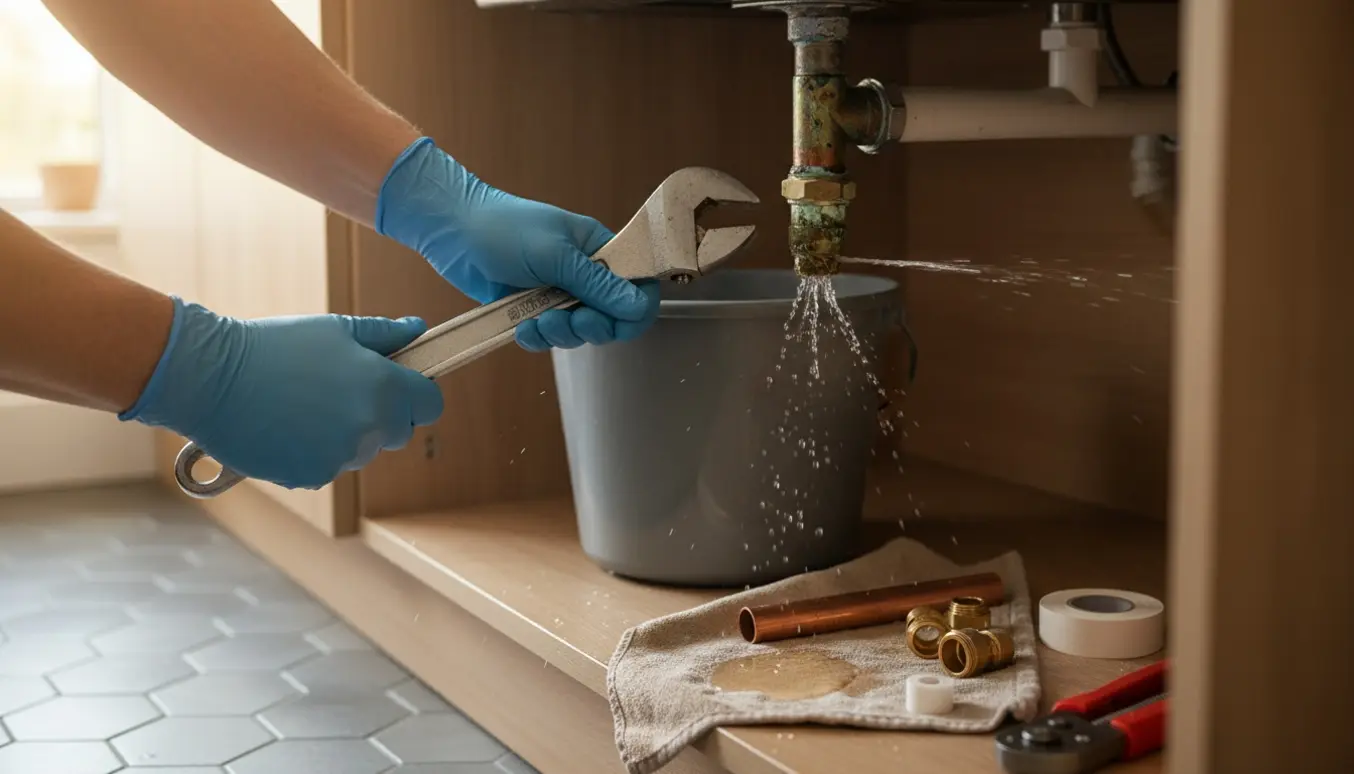 Hænder ved et utæt vandrør under en vask, en spand fanger dryppende vand.