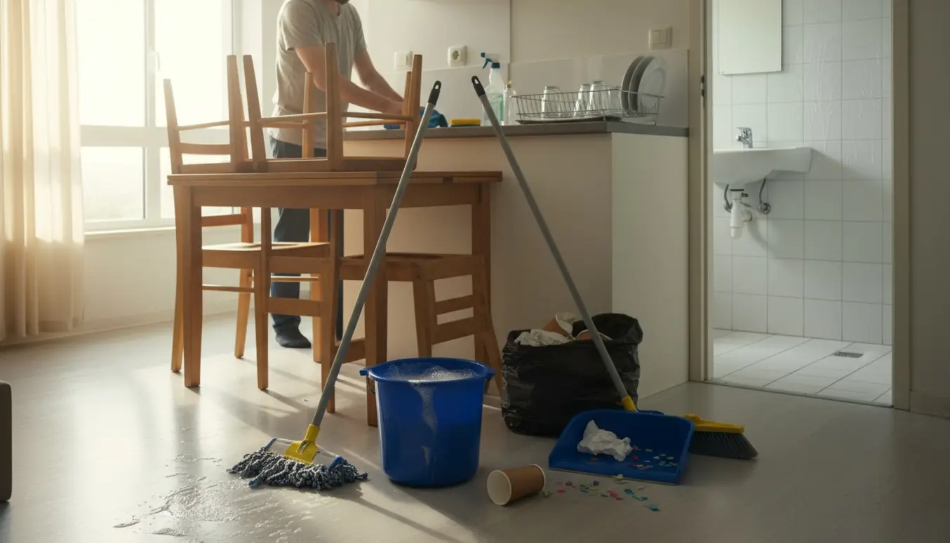 Efterfestrensning i en lille toværelses lejlighed med stabler af stole, gulvvask og rengøringsmidler.