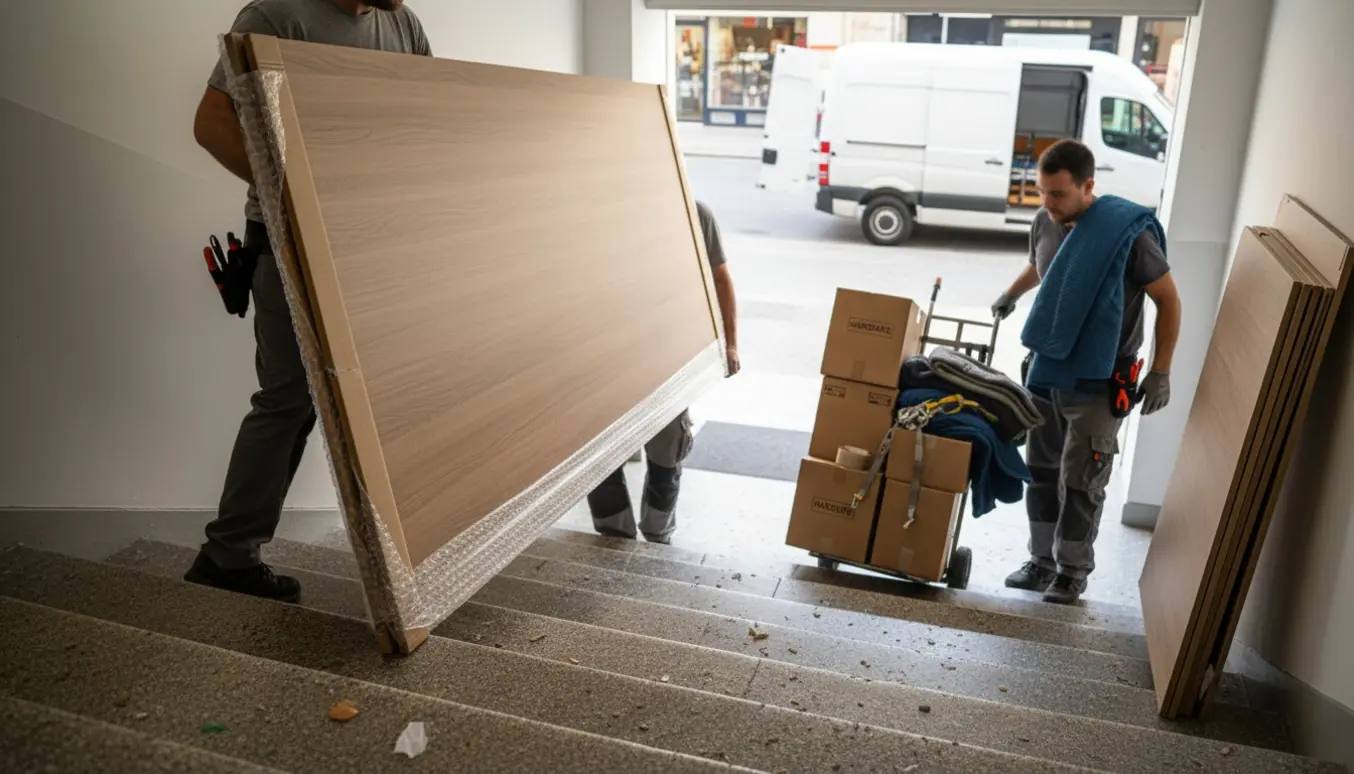 Usamlede garderobepaneler bæres ned ad trappen på vej til returnering og pakkes ved en varevogn.