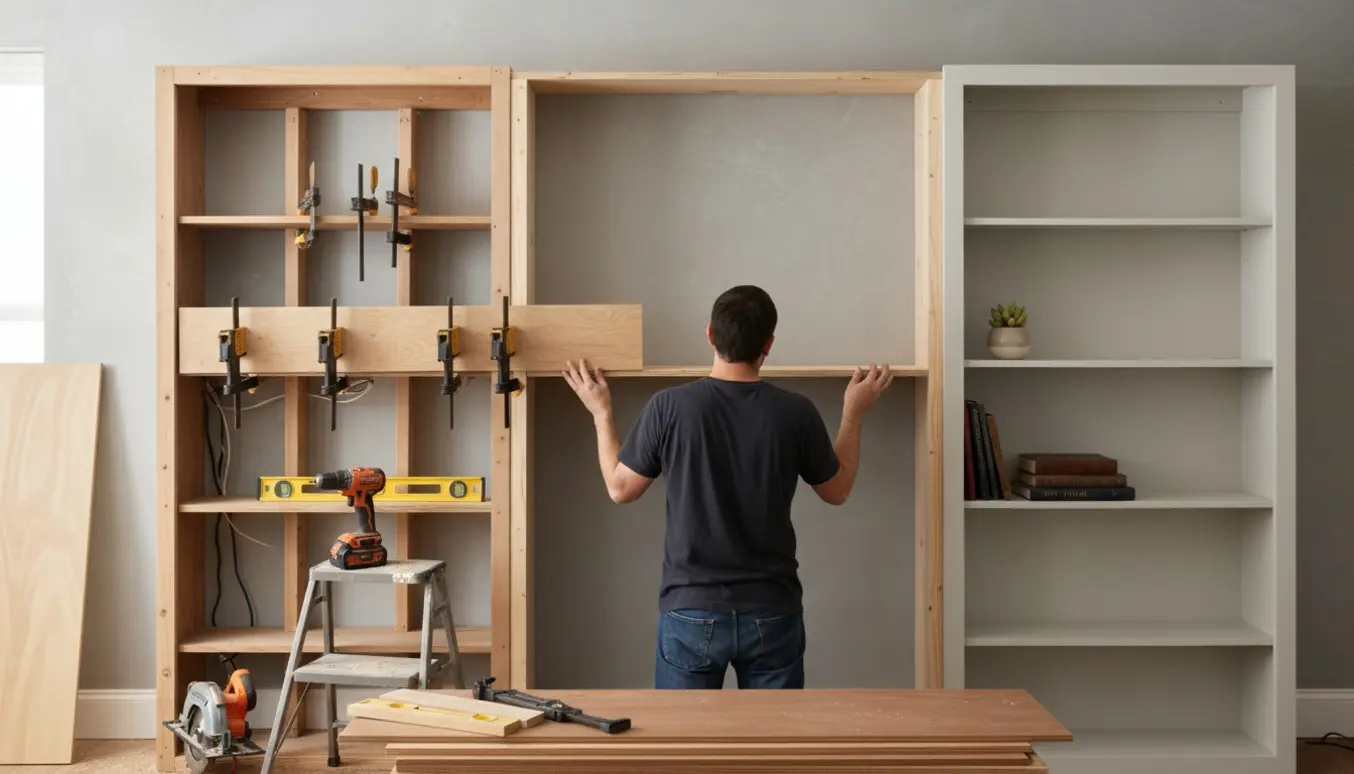 Indbygget reol under montering i to vægavsnit med værktøj og træplader.