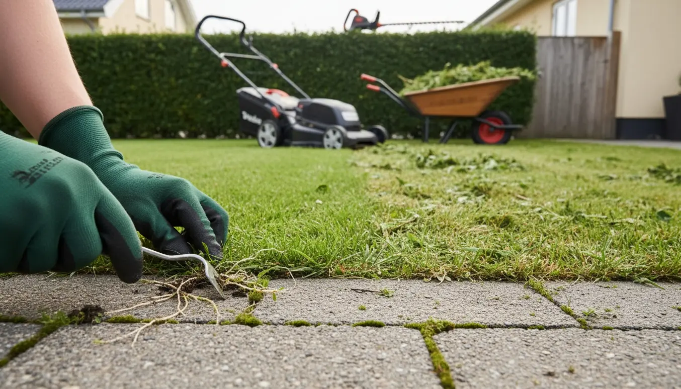 Handsker luger ukrudt mellem fliser foran nyklippet græs og nytrimmet hæk.