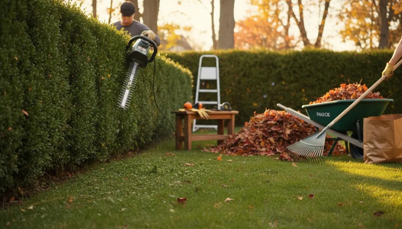 Hækkeklipning i baghaven med trillebør og en bunke indsamlede blade.