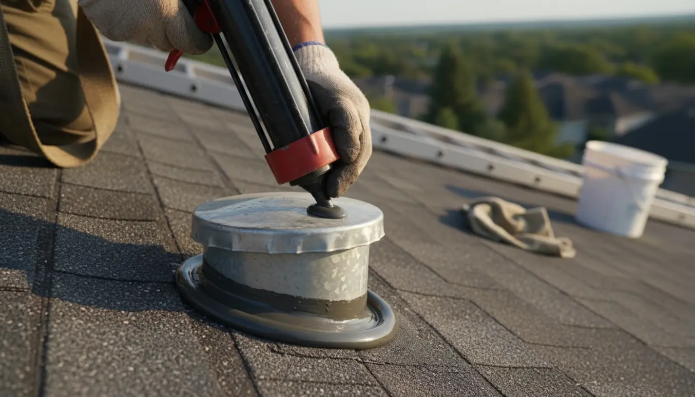 Nærbillede af handsker, der påfører tagtæt fugemasse rundt om en ventilationshætte på et skråt tag.